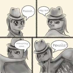 Size: 904x904 | Tagged: safe, artist:sketchiepone, imported from derpibooru, oc, oc only, oc:sketchiepone, pony, ask, clothes, comic, dialogue, fedora, hat, pencil, simple background, sketch, solo, speech bubble, text, trenchcoat, tumblr