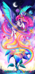 Size: 1685x3558 | Tagged: safe, artist:wilvarin-liadon, imported from derpibooru, oc, oc only, oc:starry sunrise, alicorn, pony, alicorn oc, cover art, crescent moon, element of generosity, element of honesty, element of kindness, element of loyalty, element of magic, elements of harmony, eyes closed, female, mare, moon, stars, unshorn fetlocks