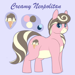 Size: 2640x2649 | Tagged: safe, artist:heftyhorsehostler, imported from derpibooru, oc, oc only, oc:creamy neapolitan, earth pony, pony, chubby, female, ice cream cone, misspelling, reference sheet, smiling, solo