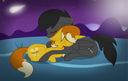 Size: 2747x1746 | Tagged: safe, artist:darbypop1, imported from derpibooru, oc, oc only, oc:julian the legend, oc:pikachu pancakes, pegasus, pony, unicorn, eyes closed, female, hug, mare, night, prone, sleeping