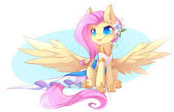 Size: 3836x2474 | Tagged: safe, artist:teranen, imported from derpibooru, fluttershy, pegasus, pony, fake it 'til you make it, :p, abstract background, blushing, clothes, colored pupils, cute, dress, ear fluff, female, flower, flower in hair, mare, shyabetes, silly, simple background, sitting, smiling, solo, spread wings, tongue out, transparent background, warrior of inner strength, warriorshy, wings