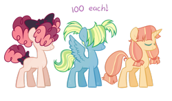 Size: 1024x604 | Tagged: safe, artist:peachjay, imported from derpibooru, oc, oc only, earth pony, pegasus, pony, unicorn, eyes closed, female, hair over eyes, magical lesbian spawn, mare, offspring, parent:applejack, parent:derpy hooves, parent:moondancer, parent:pinkie pie, parent:rainbow dash, parent:songbird serenade, parents:derpydash, simple background, transparent background