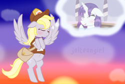 Size: 1024x683 | Tagged: safe, artist:jolteongirl, imported from derpibooru, derpy hooves, rarity, pony, blushing, cap, clothes, derpity, female, flying, hat, lesbian, mailbag, shipping, spa