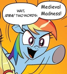 Size: 334x366 | Tagged: safe, idw, imported from derpibooru, applejack, rainbow dash, comic, exploitable meme, medieval madness, meme, obligatory pony, pinball, two words meme, williams electronic pinball