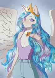 Size: 905x1280 | Tagged: safe, artist:glorious-rarien, imported from derpibooru, princess celestia, alicorn, anthro, blushing, breasts, cleavage, clothes, female, jeans, jewelry, mare, pants, regalia, smiling, solo, tanktop