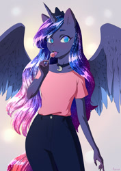 Size: 905x1280 | Tagged: safe, artist:glorious-rarien, imported from derpibooru, princess luna, alicorn, anthro, blushing, candy, clothes, female, food, jeans, licking, lollipop, looking at you, mare, pants, shirt, smiling, solo, t-shirt, tongue out