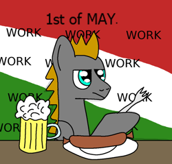 Size: 512x489 | Tagged: safe, artist:platinumdrop, imported from derpibooru, oc, oc only, oc:platinumdrop, alcohol, beer, flag, food, fork, hungary, international workers' day, meat, sausage