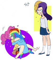 Size: 750x850 | Tagged: safe, artist:drawbauchery, artist:lordsauronthegreat, color edit, edit, imported from derpibooru, pinkie pie, rainbow dash, rarity, human, annoyed, barefoot, blushing, clothes, colored, eyes closed, feet, female, heart, humanized, kissing, lesbian, pinkiedash, shipping