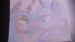 Size: 3264x1836 | Tagged: safe, artist:krumpcakes, imported from derpibooru, princess luna, queen chrysalis, chrysaluna, female, kissing, lesbian, shipping, traditional art