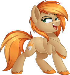 Size: 1808x1952 | Tagged: safe, artist:thegamblehorse, imported from derpibooru, oc, oc only, oc:parlay, earth pony, pony, female, freckles, lidded eyes, mare, open mouth, raised hoof, simple background, smiling, transparent background, unshorn fetlocks