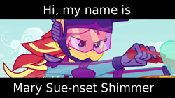 Size: 999x563 | Tagged: safe, edit, edited screencap, imported from derpibooru, screencap, sunset shimmer, equestria girls, equestria girls series, friendship games, background pony strikes again, beating a dead horse, drama, drama bait, duckery in the description, female, helmet, mary sue, monologue, motocross outfit, motorcross outfit, motorcycle helmet, op is a duck, op is trying to start shit, op isn't even trying anymore, op wants attention, solo, subtitle, trash dove