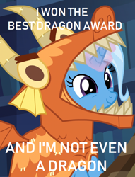 Size: 570x746 | Tagged: safe, edit, edited screencap, imported from derpibooru, screencap, trixie, pony, unicorn, uncommon bond, best dragon, best pony, clothes, costume, cropped, cute, diatrixes, dragon costume, female, glowing horn, image macro, mare, meme, smiling, solo, trixie yells at everything