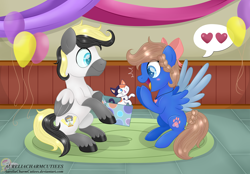 Size: 9246x6420 | Tagged: safe, artist:raspberrystudios, imported from derpibooru, oc, oc only, oc:midnight luna, alicorn, cat, pony, absurd resolution, alicorn oc, balloon, big smile, birthday, birthday gift, calico, cat steven, crossover, excited, father and daughter, female, male, spread wings, steven universe, streamers