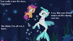 Size: 1280x720 | Tagged: safe, edit, edited screencap, imported from derpibooru, screencap, scootaloo, terramar, seapony (g4), surf and/or turf, implied sweetie belle, looking at each other, looking at someone, pun, seaponified, seapony scootaloo, seaquestria, species swap, text