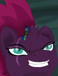 Size: 1024x1328 | Tagged: safe, artist:vanillabeam, imported from derpibooru, tempest shadow, oc, oc:lightning chaser, my little pony: the movie, evil grin, female, grin, macro, micro, size difference, smiling