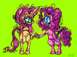 Size: 1120x838 | Tagged: safe, artist:p0rkapime, imported from derpibooru, fluttershy, pinkie pie, earth pony, pegasus, pony, bipedal, distended belly, female, green background, holding hands, messy mane, simple background