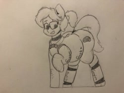 Size: 701x526 | Tagged: safe, artist:somefrigginnerd, imported from derpibooru, oc, oc only, pony, robot, robot pony, bowtie, cleverbot, fat, female, glasses, google, lineart, meme, monochrome, one hoof raised, ponified, ponytail, raised hoof, simple background, solo, traditional art