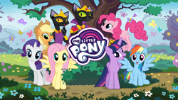 Size: 2560x1440 | Tagged: safe, imported from derpibooru, abyssinian king, abyssinian queen, applejack, fluttershy, pinkie pie, rainbow dash, rarity, twilight sparkle, abyssinian, alicorn, butterfly, cat, game screencap, gameloft, loading screen, mane six, my little pony logo, twilight sparkle (alicorn)