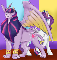 Size: 2000x2100 | Tagged: safe, artist:kibarockz79, imported from derpibooru, rarity, twilight sparkle, alicorn, hybrid, pony, sphinx, arranged marriage au, alternate universe, female, jewelry, lesbian, rarilight, regalia, shipping, species swap, twilight sparkle (alicorn)