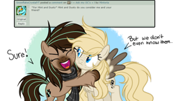 Size: 1024x600 | Tagged: safe, artist:mintoria, imported from derpibooru, oc, oc only, oc:dusty, oc:mint, pegasus, pony, ask, base used, clothes, deviantart, female, hug, mare, scarf, simple background, transparent background