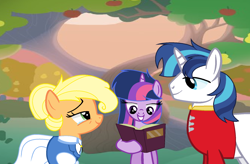 Size: 1672x1096 | Tagged: safe, artist:rainbows-skies, artist:thesmall-artist, imported from derpibooru, applejack, shining armor, twilight sparkle, pony, base used, book, clothes, crack shipping, dress, male, shiningjack, shipping, straight, wedding suit