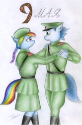 Size: 1465x2219 | Tagged: safe, artist:sinaherib, imported from derpibooru, rainbow dash, soarin', anthro, dancing, female, male, military uniform, shipping, soarindash, straight, traditional art, waltz