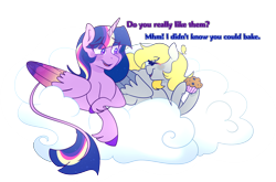 Size: 3212x2123 | Tagged: safe, artist:cubbybatdoodles, imported from derpibooru, derpy hooves, ditzy doo, twilight sparkle, alicorn, duo, female, food, leonine tail, lesbian, muffin, shipping, simple background, transparent background, twerpy, twilight sparkle (alicorn), unshorn fetlocks