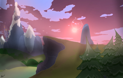 Size: 2470x1572 | Tagged: safe, artist:pizzamovies, edit, imported from derpibooru, canterlot, canterlot castle, canterlot mountain, cliff, evening, mountain, mountain range, no pony, peak, pine tree, snow, sunset, tree