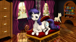 Size: 3840x2160 | Tagged: safe, artist:samum41, imported from derpibooru, rarity, pony, unicorn, adorkable, carousel boutique, couch, cupboard, curtains, cute, dork, dummy, fabric, fainting couch, female, interior, looking at you, lying, mannequin, needle, ponyquin, ponyville, realistic anatomy, reflection, room, scroll, smiling, solo, spool, thread, uncanny valley, window