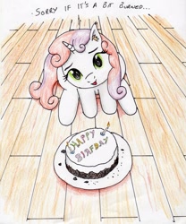 Size: 2448x2939 | Tagged: safe, artist:40kponyguy, derpibooru exclusive, imported from derpibooru, sweetie belle, pony, unicorn, badgingbadger, birthday, cake, candle, cooking, cute, diasweetes, ear fluff, female, filly, fire, food, happy birthday, head tilt, high res, looking at you, looking up, looking up at you, misspelling, solo, sweetie belle can't cook, sweetie fail, traditional art, wooden floor