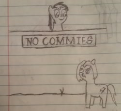 Size: 1414x1295 | Tagged: safe, artist:anonymous, imported from derpibooru, oc, oc only, oc:leslie fair, oc:veronika, earth pony, pony, /mlpol/, border, lined paper, security, sign, traditional art, wall