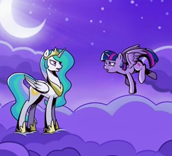 Size: 1313x1192 | Tagged: safe, artist:z-y-c, imported from derpibooru, princess celestia, twilight sparkle, alicorn, pony, horse play, cloud, duo, female, mare, night, on a cloud, standing on a cloud, twilight sparkle (alicorn)