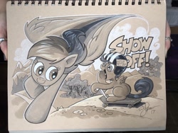 Size: 1024x768 | Tagged: safe, artist:andypriceart, imported from derpibooru, rainbow dash, scootaloo, pegasus, pony, andy you magnificent bastard, duo, female, filly, flying, grayscale, helmet, implied sweetie belle, mare, monochrome, scooter, smiling, traditional art