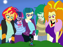 Size: 1700x1279 | Tagged: safe, artist:final7darkness, imported from derpibooru, adagio dazzle, juniper montage, sci-twi, sunset shimmer, twilight sparkle, wallflower blush, oc, oc:checkerboard, equestria girls, equestria girls series, forgotten friendship, rainbow rocks, bowtie, breasts, clothes, equestria girls-ified, eyes closed, female, frown, giantess, glasses, jacket, laughing, leather jacket, macro, one eye closed, open mouth, pick one, skirt, wink