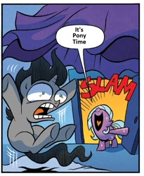 Size: 619x756 | Tagged: safe, edit, idw, imported from derpibooru, king sombra, radiant hope, crystal pony, pony, unicorn, spoiler:comic, spoiler:comicfiendshipismagic1, bed, blanket, colt, colt sombra, comic edit, dialogue, door, duo, exploitable meme, eye, eyes, faic, female, filly, goofy time, image macro, in-universe pegasister, male, meme, open mouth, pony time, scared, slam, time for ponies