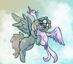 Size: 1984x1736 | Tagged: safe, artist:colochenni, imported from derpibooru, dust devil, bird, pegasus, pony, background pony, drawthread, female, flying, goggles, hug, mare, request, sky