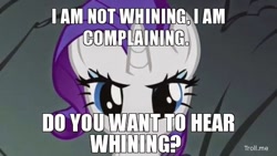 Size: 550x310 | Tagged: source needed, useless source url, safe, edit, edited screencap, imported from derpibooru, screencap, rarity, pony, a dog and pony show, female, looking at you, meme, obtrusive text, solo, this will not end well, whining, writing