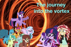 Size: 2048x1359 | Tagged: safe, artist:php77, deleted from derpibooru, editor:php77, imported from derpibooru, gallus, ocellus, sandbar, sci-twi, silverstream, smolder, starlight glimmer, sunset shimmer, twilight sparkle, yona, alicorn, classical hippogriff, griffon, hippogriff, equestria girls, school daze, spoiler:eqg specials, belt, bowtie, clothes, doctor strange, geode of empathy, glasses, glow, glowing, jacket, leather jacket, looking at each other, magical geodes, open mouth, ponytail, twilight sparkle (alicorn), vortex