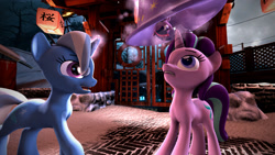 Size: 1920x1080 | Tagged: safe, artist:uncommon_nick, imported from derpibooru, starlight glimmer, trixie, twilight sparkle, alicorn, 3d, clothes, happy, hat, magic, snow, source filmmaker, trixie's hat, twilight sparkle (alicorn)