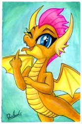 Size: 1361x2048 | Tagged: safe, artist:invalid-david, imported from derpibooru, smolder, dragon, claws, dragon wings, dragoness, fangs, female, middle finger, one eye closed, open mouth, painting, solo, spread wings, tongue out, traditional art, vulgar, watercolor painting, wings