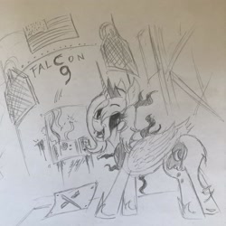 Size: 3024x3024 | Tagged: artist needed, safe, artist:anonymous, imported from derpibooru, princess luna, alicorn, pony, loony luna, black sclera, falcon 9, fangs, female, game boy, monochrome, rocket, s1 luna, sabotage, smiling, solo, spacex, traditional art, wires