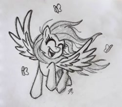 Size: 1080x944 | Tagged: safe, artist:palmartz44, imported from derpibooru, fluttershy, butterfly, pegasus, pony, eyes closed, female, happy, mare, monochrome, sketch, solo, traditional art