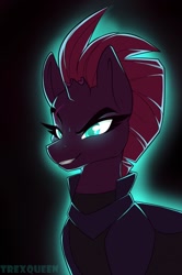 Size: 850x1280 | Tagged: safe, artist:trexqueen, imported from derpibooru, tempest shadow, unicorn, my little pony: the movie, broken horn, evil, evil grin, eye scar, female, glow, glowing, glowing eyes, grin, scar, smiling