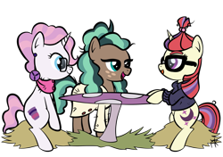 Size: 2893x2039 | Tagged: safe, artist:pony4koma, imported from derpibooru, minty mocha, moondancer, raspberry latte, earth pony, pony, unicorn, the parent map, bathrobe, best friends, clothes, coffee, female, freckles, glasses, gravity falls, just friends, mabel pines, mare, ponyville, reference, robe, simple background, sire's hollow, sweater, table, transparent background