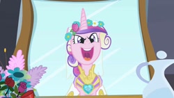 Size: 1280x720 | Tagged: safe, imported from derpibooru, screencap, princess cadance, queen chrysalis, a canterlot wedding, fake cadance, female, flower, mirror, open mouth, reflection, singing, solo, this day aria