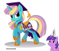 Size: 1850x1600 | Tagged: safe, artist:tracerhorse, imported from derpibooru, dewdrop dazzle, twilight sparkle, dunce hat, female, hat, mare, sad, simple background, transparent background