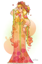 Size: 906x1400 | Tagged: safe, artist:flying-fox, imported from derpibooru, applejack, human, beautiful, clothes, dress, eyeshadow, female, flower, hat, humanized, makeup, solo