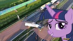 Size: 875x500 | Tagged: safe, imported from derpibooru, twilight sparkle, alicorn, chocolate, chocolate milk, crash, disaster girl, disaster sparkle, discovery family logo, everything is ruined, exploitable meme, meme, milk, poland, pure unfiltered evil, renault, renault magnum, semi truck, spilled milk, truck, twilight sparkle (alicorn)