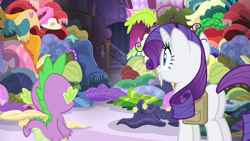 Size: 1280x720 | Tagged: safe, imported from derpibooru, screencap, rarity, spike, dragon, pony, inspiration manifestation, butt, carousel boutique, clothes, duo, female, male, mare, messy, plot, saddle bag