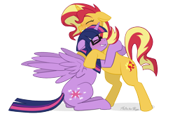 Size: 1280x855 | Tagged: safe, artist:verumteednp, deleted from derpibooru, imported from derpibooru, sci-twi, sunset shimmer, twilight sparkle, alicorn, pony, unicorn, alicornified, contest entry, cute, daaaaaaaaaaaw, equestria girls ponified, eyes closed, female, glasses, hug, lesbian, ponified, race swap, scitwilicorn, scitwishimmer, shimmerbetes, shipping, simple background, sitting, sunsetsparkle, transparent background, twiabetes, twilight sparkle (alicorn)